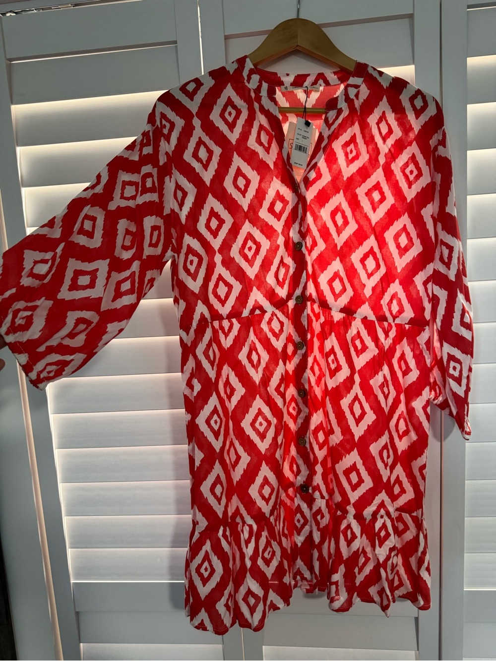 Vibrant Red Geometric Button-Front Mini Dress